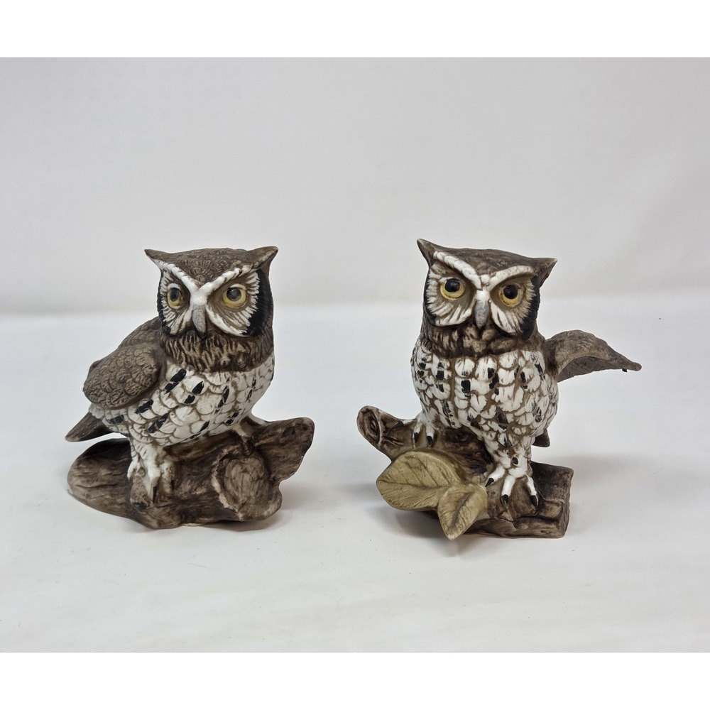 Vintage Homco 1114 Porcelain Owl Figurines Set 2 Great Horned Owls 5in MCM Decor